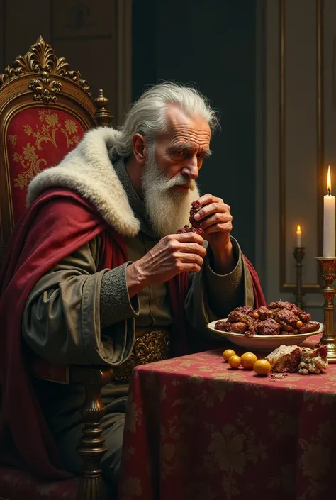 Fable old king eating a peace of small meat 