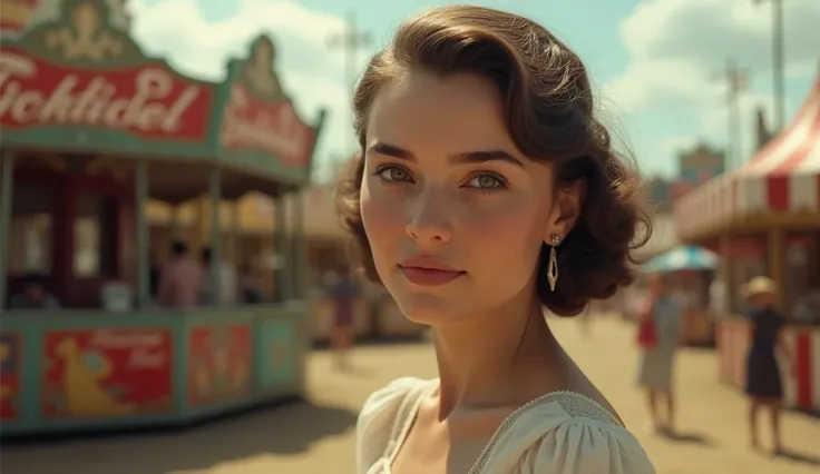 Perfect young white woman from the 40s, thin nose,Smiling shy ,  hyperrealistic,  super detailed face , Background of a fair  , vintage photo