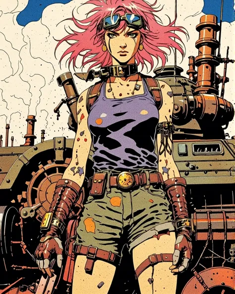 Art style by H. R. Giger, Art Style by Moebius, 


A bold, steampunk-inspired take on Tank Girl, she is japanese, radiating an edgy and rebellious charm. The girl’s vibrant pink hair, styled into messy pigtails with uneven, windswept strands, evokes a chao...