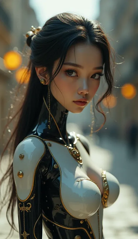 Photo of a humanoid artificial intelligence with natural skin, far away, airflow, and thick hair, sharp looking eyes, thin, upturned nose, Lip fat, hourglass figure, typical clothes and makeup, details Intricate, Energetic, vivid, epic, Soft, film, 4K, con...