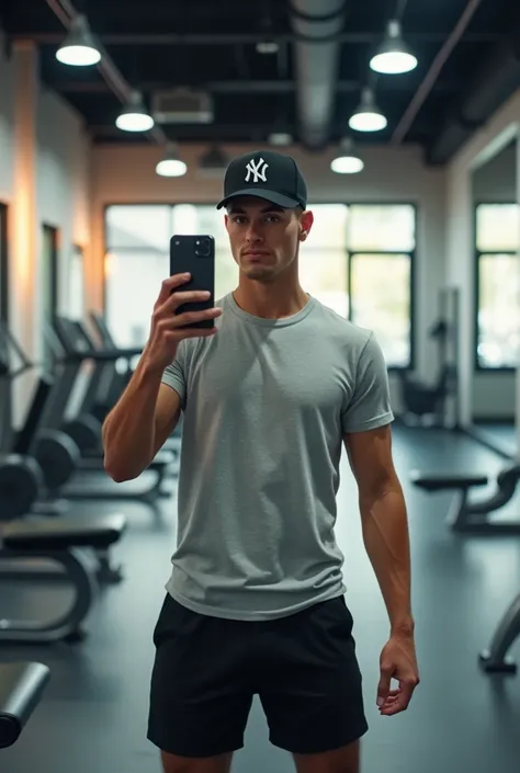 . A 22-year-old young man is taking a selfie in the gym . . He is wearing a black hat with the Newyork Yankees logo , , a light gray t-shirt ,  and black shorts . . His left arm is in a bent manner ,  is holding a phone ,  while his right arm is on. Relaxe...