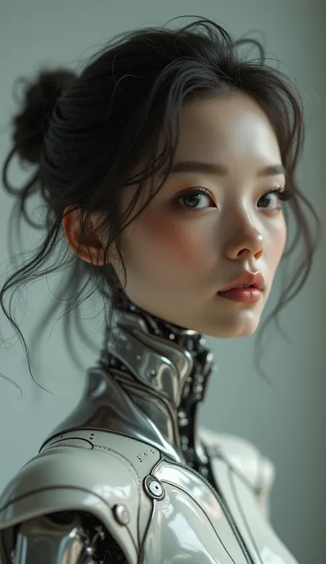 Photo of a humanoid artificial intelligence with natural skin, far away, airflow, and thick hair, sharp looking eyes, thin, upturned nose, Lip fat, hourglass figure, typical clothes and makeup, details Intricate, Energetic, vivid, epic, Soft, film, 4K, con...