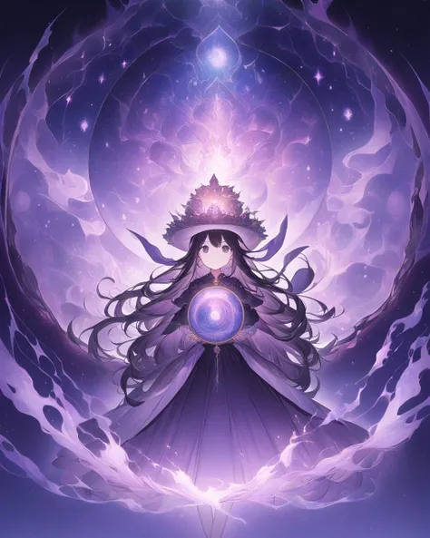 Use magic with an oval mirror  、Large mirror、 Aura-Emitting Mirror 、whole body、 The background is a fantasy world  、  girl in a big hat 、Traveler、Chest、 dark eyes、Her hair is black.、 raises arms、mischief、