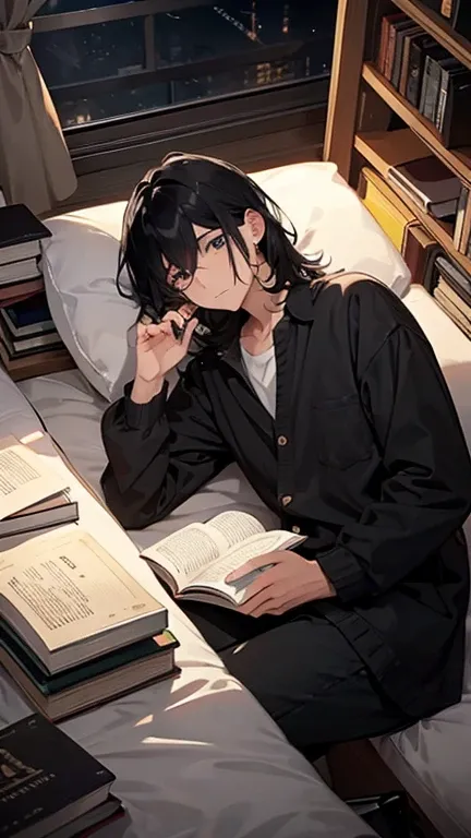  black hair、Books、male、night