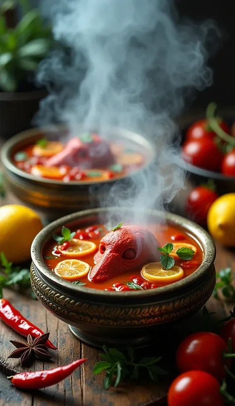 Lively and surreal food images of spicy ancient  naga served in beautifully patterned metal bowls. Inside the soup are bright red naga witnesses heads, small tomatoes, sliced lemons, red peppers and fresh green herbs. Dense smoke billowing out creates a my...