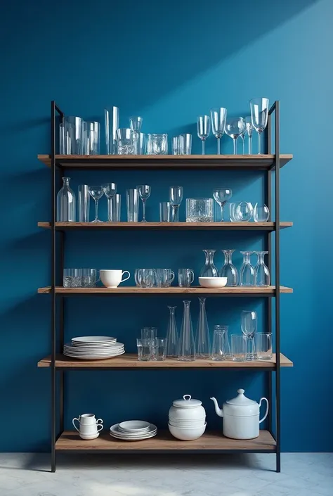 kitchen rack with glass and between blue wall in background 