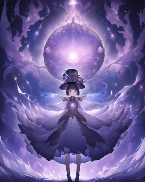 Use magic with an oval mirror  、Large mirror、 Aura-Emitting Mirror 、whole body、 The background is a fantasy world  、  girl in a big hat 、Traveler、Chest、 dark eyes、 black short hair.、 raises arms、