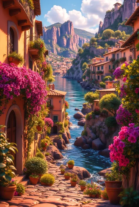 please make me a iphone background photo that is ultra hd, where is sea, narrow historical streets, lemons, bougainvillea