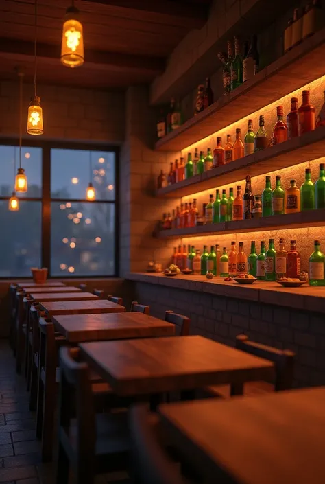 Minecraft bar, point of view on the counter table
 while looking at the Minecraft bottles on the shelves, warm lighting , RTX shader,night time , No people , no diagonal tables, no people, no person, no human , no creature , no customers , no one sitting o...