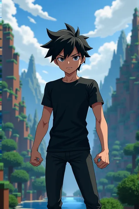 Make me a black haired male anime character wearing black pants and Minecraft background 
