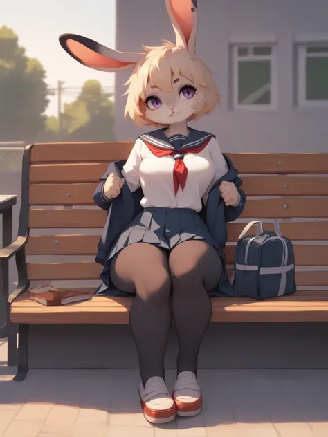 front view , furry female rabbit , school uniform , sit on a bench on the station platform