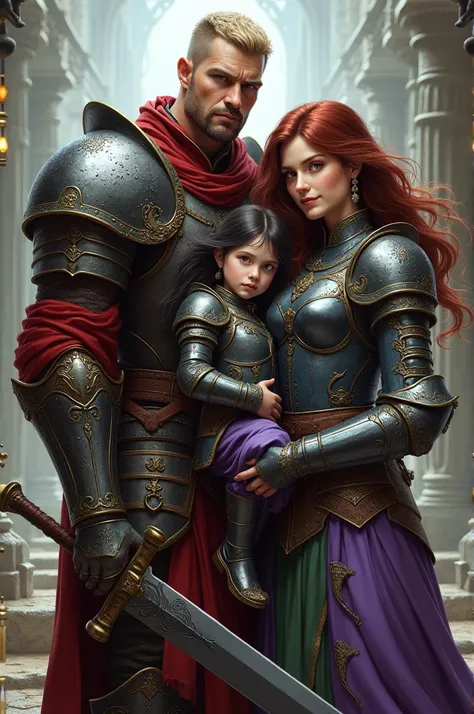 An image of a family. Father, mother and  daughter. Father is 178 cms, cropped short blonde hair but black facial hair. Has a goatee. He is wearing red and black armour. Mother has dark red hair and is wearing dark blue and moss green armour. Daughter has ...