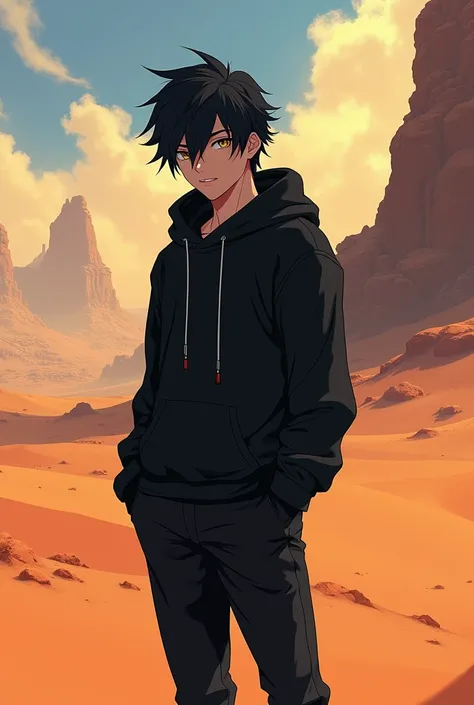 Make me a black haired male anime character wearing a black pants hodie and a background of safana 
