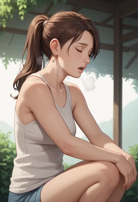 1girl,solo,mari,mature female,brown hair,brown eyes,ponytail,earrings,anime coloring,
tank top,half body,, outside
,masterpiece,best quality,amazing quality, tired expression, out of breath, sweaty, open mouth, hands on knees bending over pose, side view, ...