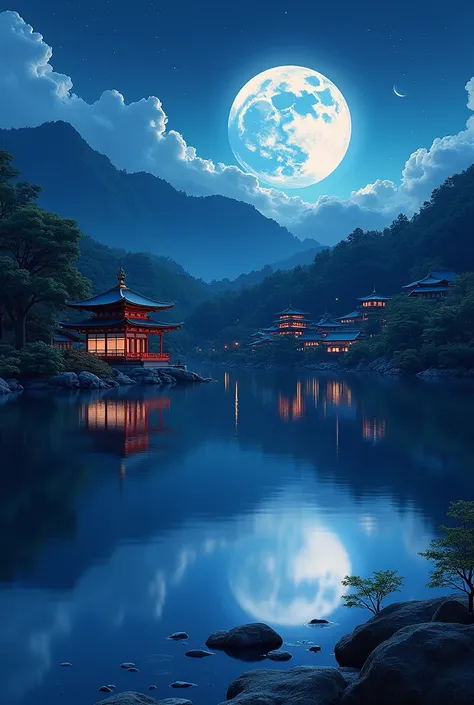   The Shrine Reflects on the Lake , Digital art inspired by paintings of the full moon and Japanese houses under the moonlight of the popular  ,  ArtStation , Ukiyo-e, Japanese painting style,  4K Highly Detailed Digital Art , BEAUTIFUL 4K ART , 4K VERY DE...