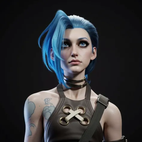 Image Prompt: Jinx - Portrait, Vulnerable Gaze
Subject: A close-up portrait of Jinx from Arcane. The image focuses on her face and her signature blue hair, capturing a vulnerable and slightly melancholic expression.
Style: Hyperrealistic render with a touc...