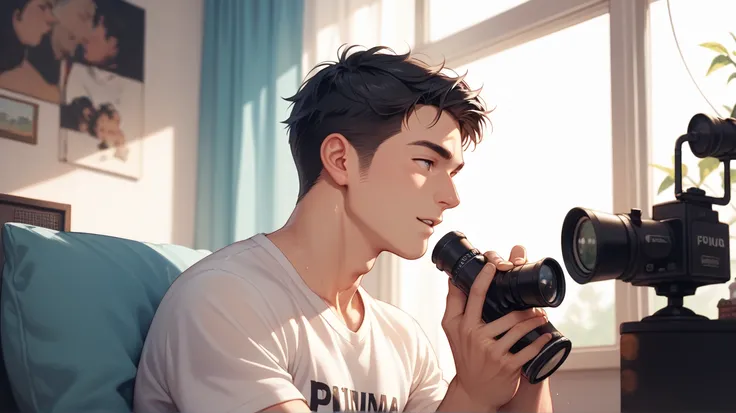 1 man, black hair, wearing a tshirt, looking at the window, with binoculars