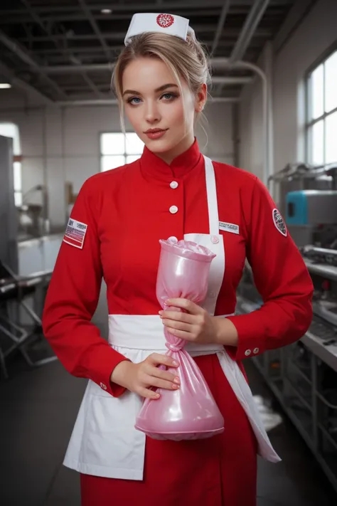 A realistic depiction of a scene in a factory where a beautiful white woman with delicate features is lying down on a conveyor-like surface. Surrounding her are chefs dressed in bright red uniforms, each holding rolls of shiny pink plastic wrap. The chefs ...