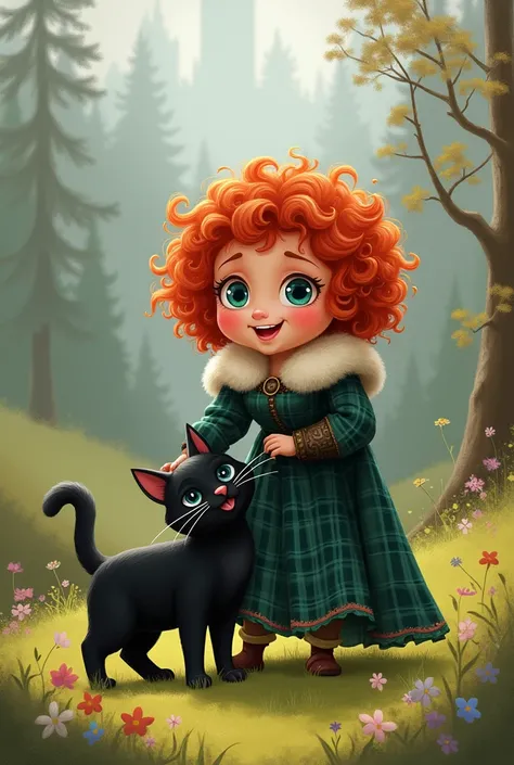 Chubby Disney princess Mérida character with short hair，a black cat插畫, 