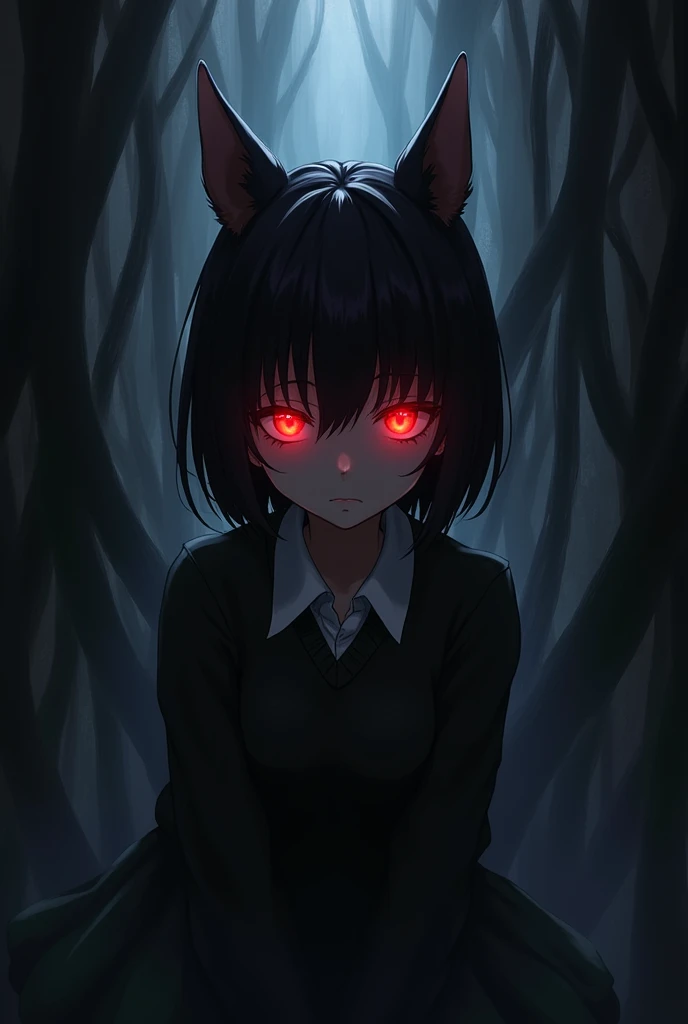 Depressive psychopathic red-eyed anime girl with ears and short hair wears the style of Boku no Hero and her power is to manipulate shadows