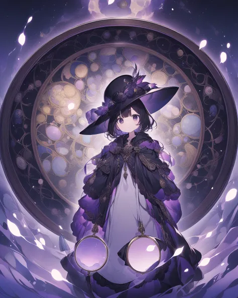 Use magic with an oval mirror  、Large mirror、 girl in a big hat 、Traveler、 dark eyes、 black short hair