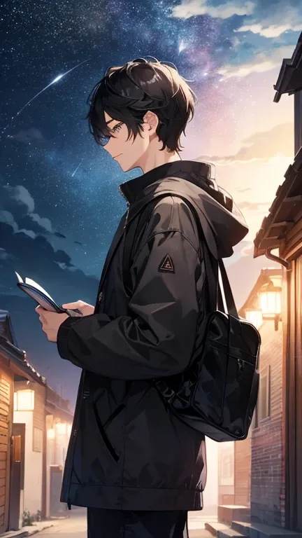  black hair、Books、male、Night Sky