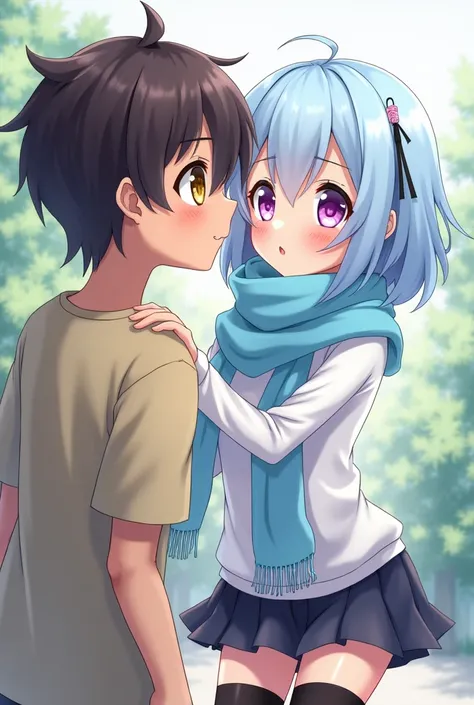 anime girl, short light blue hair with black locks, purple and pink eyes .   white skin , sky blue scarf, with a mini skirt and black tights 
Blushing. Along with a Teenage Boy anime,  dark brown hair color,  tanned skin,  yellow eyes .