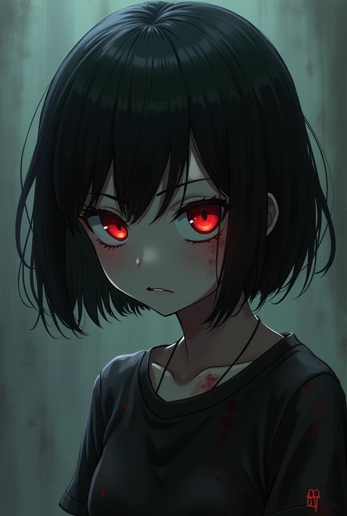 Depressive psychopathic red-eyed anime girl with dark circles short hair wears the style of Boku no Hero shade 