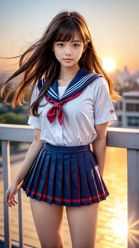 masterpiece,  high definition , 日本の女子高生の制服を着た魅力的なlikeい女性の美しい詳細なポートレート,( Japanese High School Girl Uniform Sailor Suit :1.3), Dimly Illuminated Rooftop  ,( school rooftop during lunch break),( Bright Red Sunsets Beautiful Red West Sun :1.3),(On the roof),( ...