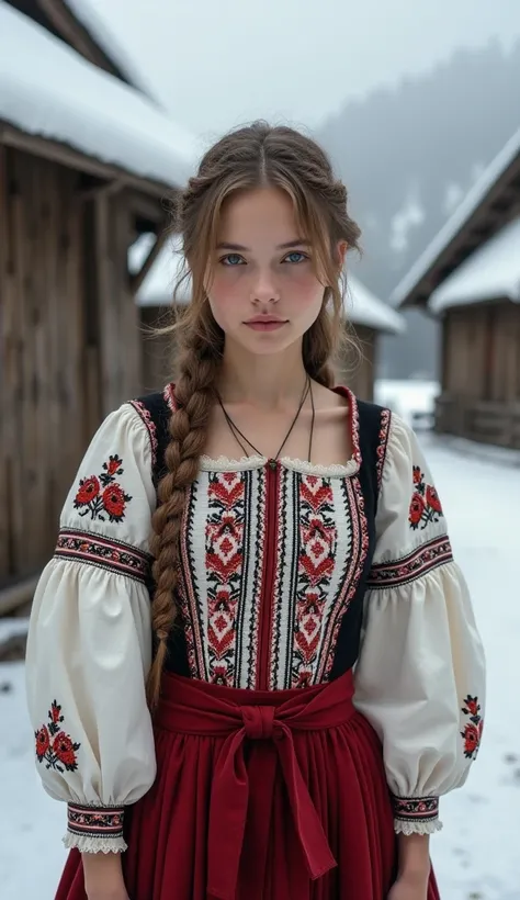 Young Ukrainian woman standing, wearing Ukrainian national costume, vishyvanka, embroidered shirt, the huts fantasy, Ukrainian ornament, black and red ukrainian embroidery ornament, day time, mountain village, calm and cold, body detailed, face detailed, m...