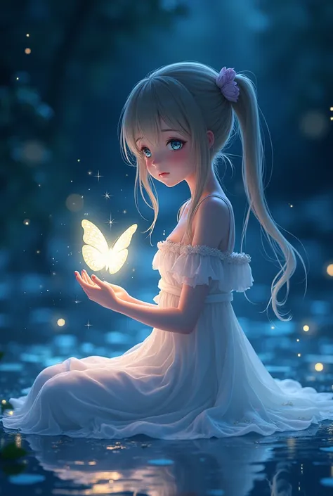 [Anime girl, gracefully seated, holding a luminous butterfly, radiating serene joy and ethereal beauty], [Digital painting, anime art style with magical realism elements], [Reference style of  Yoshitaka Amano and Studio Ghibli], [Soft, ethereal lighting, p...