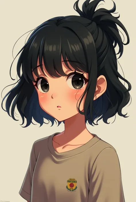 Animated but realistic girl with short wavy and black hair with a ponytail and fringe, white,  black eyes