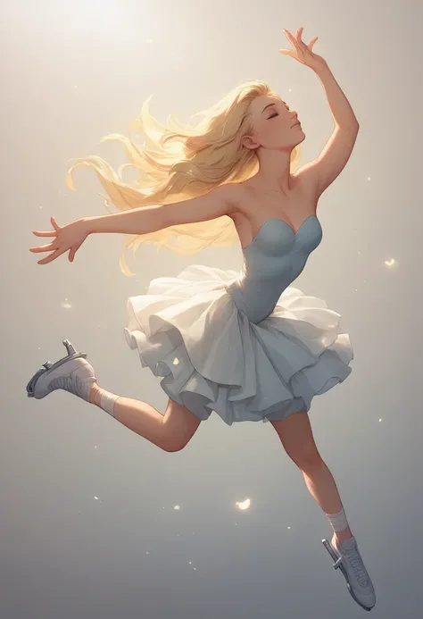 Figure skating, wearing a mini-length costume with a white background and lavender accents, a beautiful skater jumps and spins, floating in the air, hands clasped in front of her chest, blonde bob hair spinning and messy, light particles dancing on the ice...