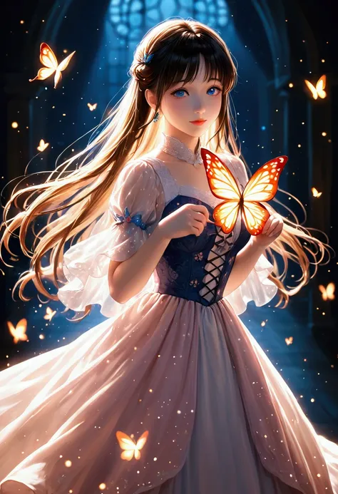 [Anime girl, gracefully seated, holding a luminous butterfly, radiating serene joy and ethereal beauty], [Digital painting, anime art style with magical realism elements], [Reference style of  Yoshitaka Amano and Studio Ghibli], [Soft, ethereal lighting, p...