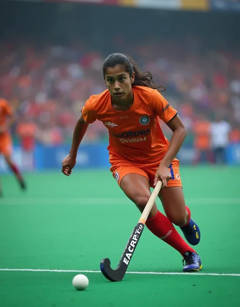  Indian hockey player during a match, skillfully dragging the hockey ball across the ground with intense focus. The players grip, stance, and movement should clearly illustrate the dragging technique.HD, realistic

