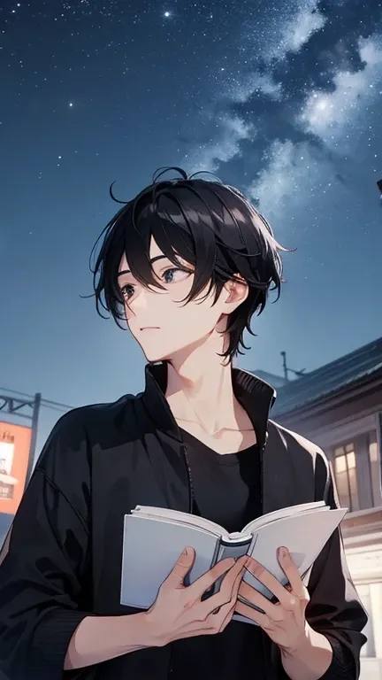  black hair、Books、male、Night Sky