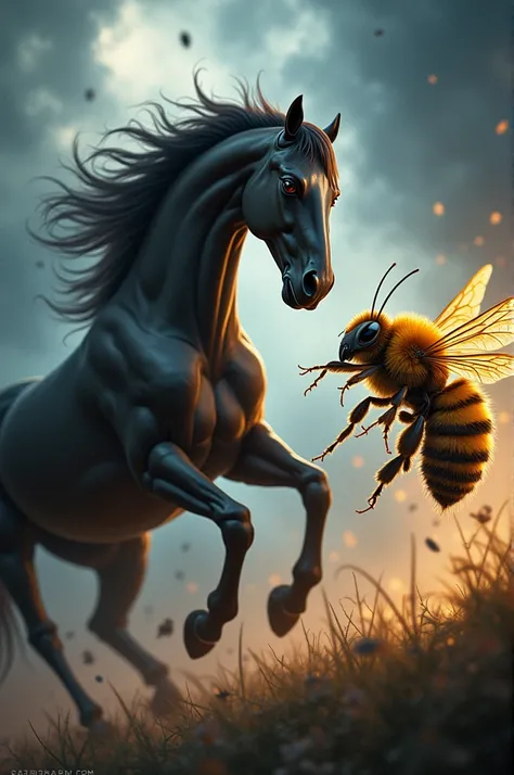 "Create an image where a horse and a bee are positioned facing each other in an intense and dramatic confrontation. The horse should have piercing, determined eyes, with its mane flowing wildly, showing a sense of urgency and focus. The bee should appear e...