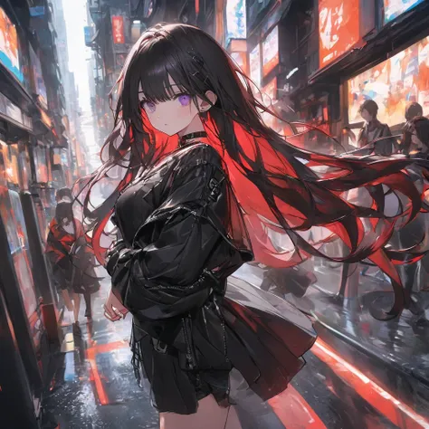  top quality, work, Black Hair， long hair,  red inner color， purple eyes，cool fashion，Futuristic Background， choker ，Black clothes，A figure running through a city