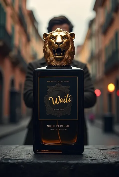 Beautiful professional logo image of a perfume box with the words WAILI COLLECTION Niche perfume Exstrait de perfum on it. Its lid is a lions head and its shape is professional and mysterious with a real person in the city of Turin.