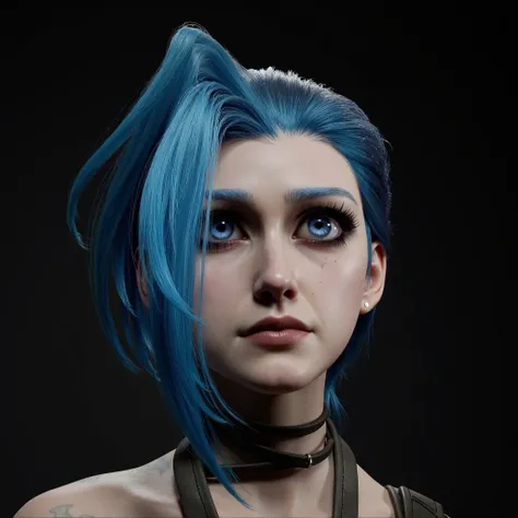 Image Prompt: Jinx - Portrait, Vulnerable Gaze
Subject: A close-up portrait of Jinx from Arcane. The image focuses on her face and her signature blue hair, capturing a vulnerable and slightly melancholic expression.
Style: Hyperrealistic render with a touc...