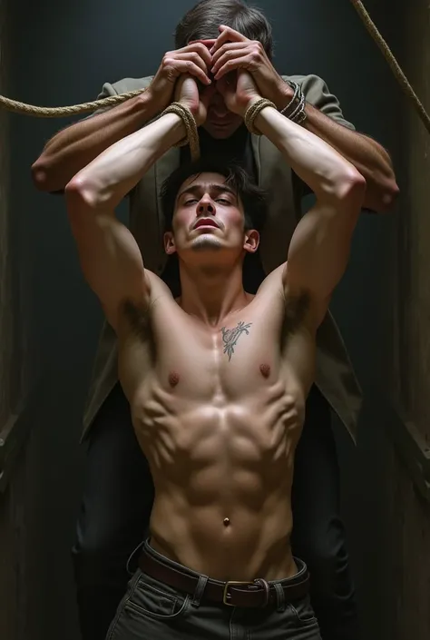 Young man with abs，Hands hung up，Whipped by another man