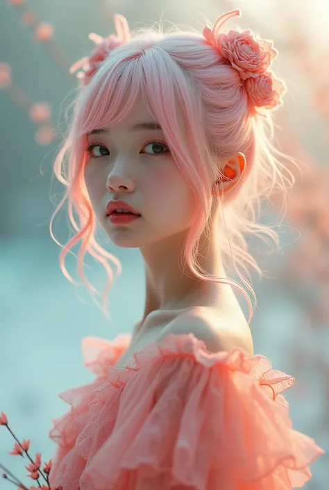 Full body High resolution ,  very detailed , ( 1 young Korean girl emo hair pink whitish:1.3),（lotus）， JadeBreak Sunlight ,  long peach chiffon dress to the toe , Experimental photography ,  Surreal contrast ,  Interesting visuals ,  Artistic abstraction ,...