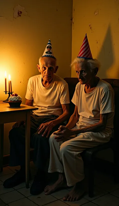 An elderly man, frail and delicate in appearance, sits on a worn, old chair in a dimly lit room illuminated by the yellowish glow of candles on the table. He is dressed in a torn T-shirt and trousers, reflecting neglect and the hardships of his life. His d...