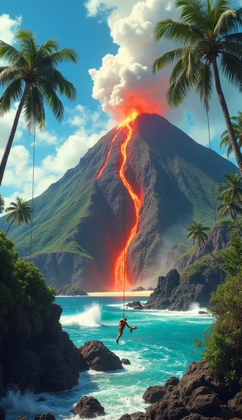 Set on a lush tropical island, a volcano spews lava and ash under a bright blue sky. A worker rappels into the volcano’s crater, using a giant monkey wrench to patch the lava flow. Palm trees and turquoise ocean waves frame the dramatic scene, while the co...