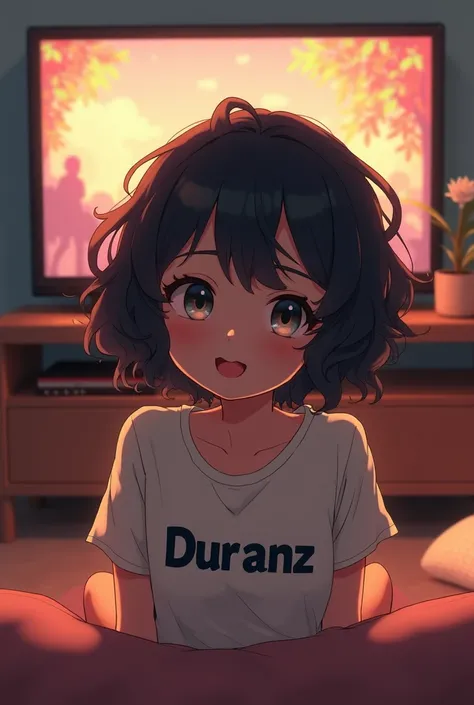 curly short hair to the neck end cute girl sitting backside and wearing Duranz named t shirt and watching tv