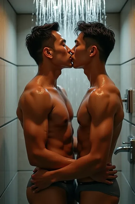 2 Asian men with 6 packs showering together wearing briefs kissing each other