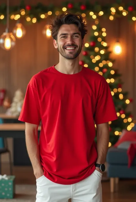 A person wearing white pants and a red short-sleeved tee as a Christmas costume