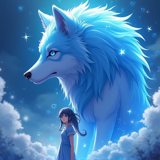 Anime girl standing next to a giant blue wolf with seven stars on its head made up of pure energy,looking at viewers,close view