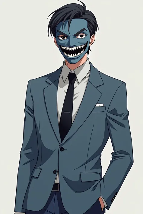 Anime boy in gray and blue suit
Gray mask with black mask smile with fangs combed hair