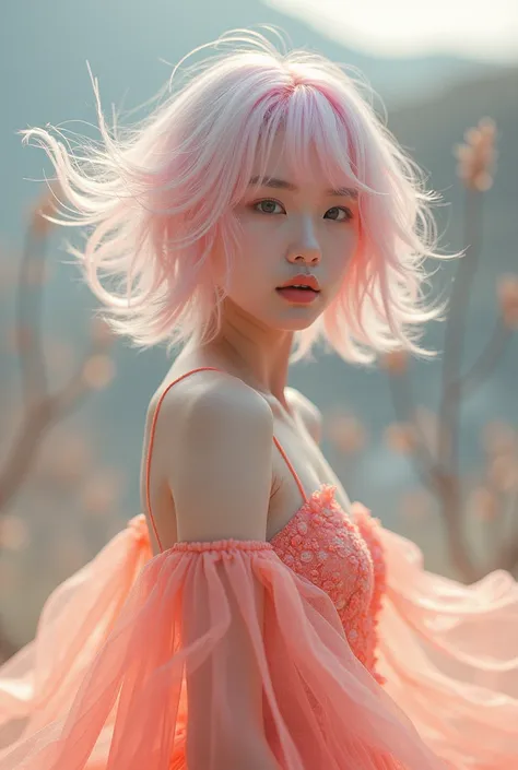 Full body High resolution ,  very detailed , ( 1 young Korean girl emo hair pink whitish:1.3),（lotus）， JadeBreak Sunlight ,  long peach chiffon dress to the toe , Experimental photography ,  Surreal contrast ,  Interesting visuals ,  Artistic abstraction ,...